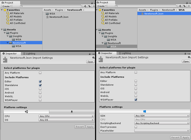 Capture d’écran de quatre vues des panneaux Projet et Inspecteur montrant les résultats de la configuration des sélections de dossier et de plug-in Newtonsoft.