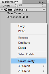 Capture d’écran du panneau Hiérarchie, Créer vide est sélectionné.