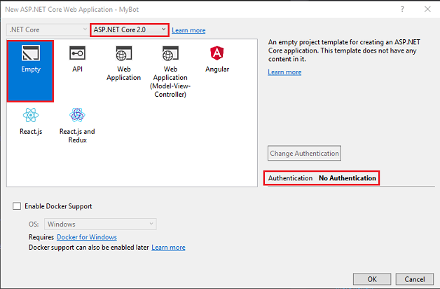 Capture d’écran montrant la fenêtre New A S P dot N E T Core Web Application.