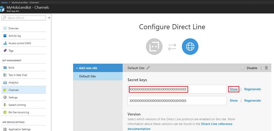 Capture d’écran des clés secrètes mises en surbrillance dans le canal MyHoloLensBot Configurer Direct Line.