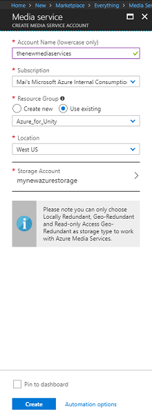 Capture d’écran de la page Créer un compte Media Service.