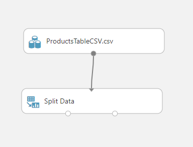 Capture d’écran du canevas d’expérience, qui montre une connexion dessinée entre la table products C S V point c s v et split data.