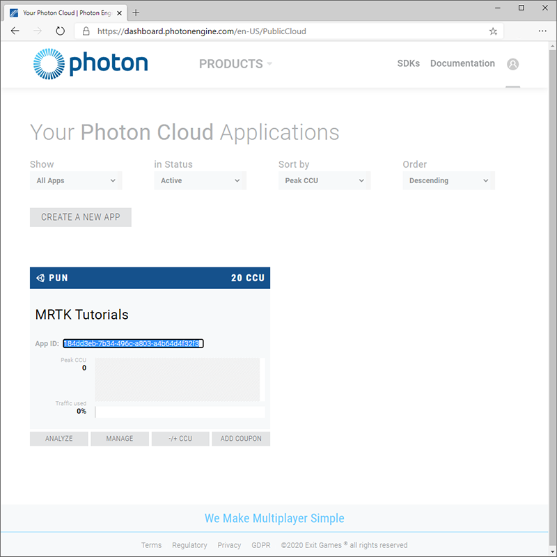 Page d’application Photon avec l’ID d’application sélectionné