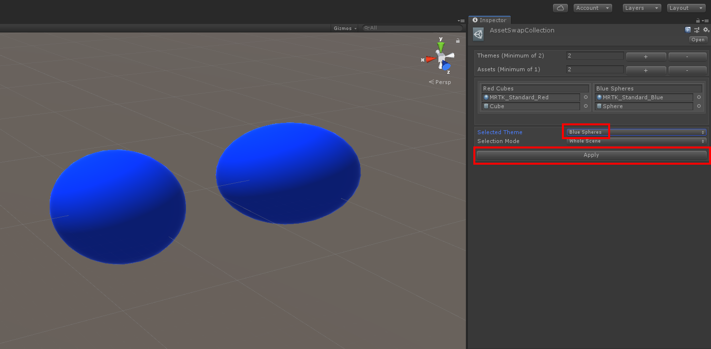 Collection d’échange de ressources dans l’éditeur Unity avec le thème sélectionné mis en surbrillance