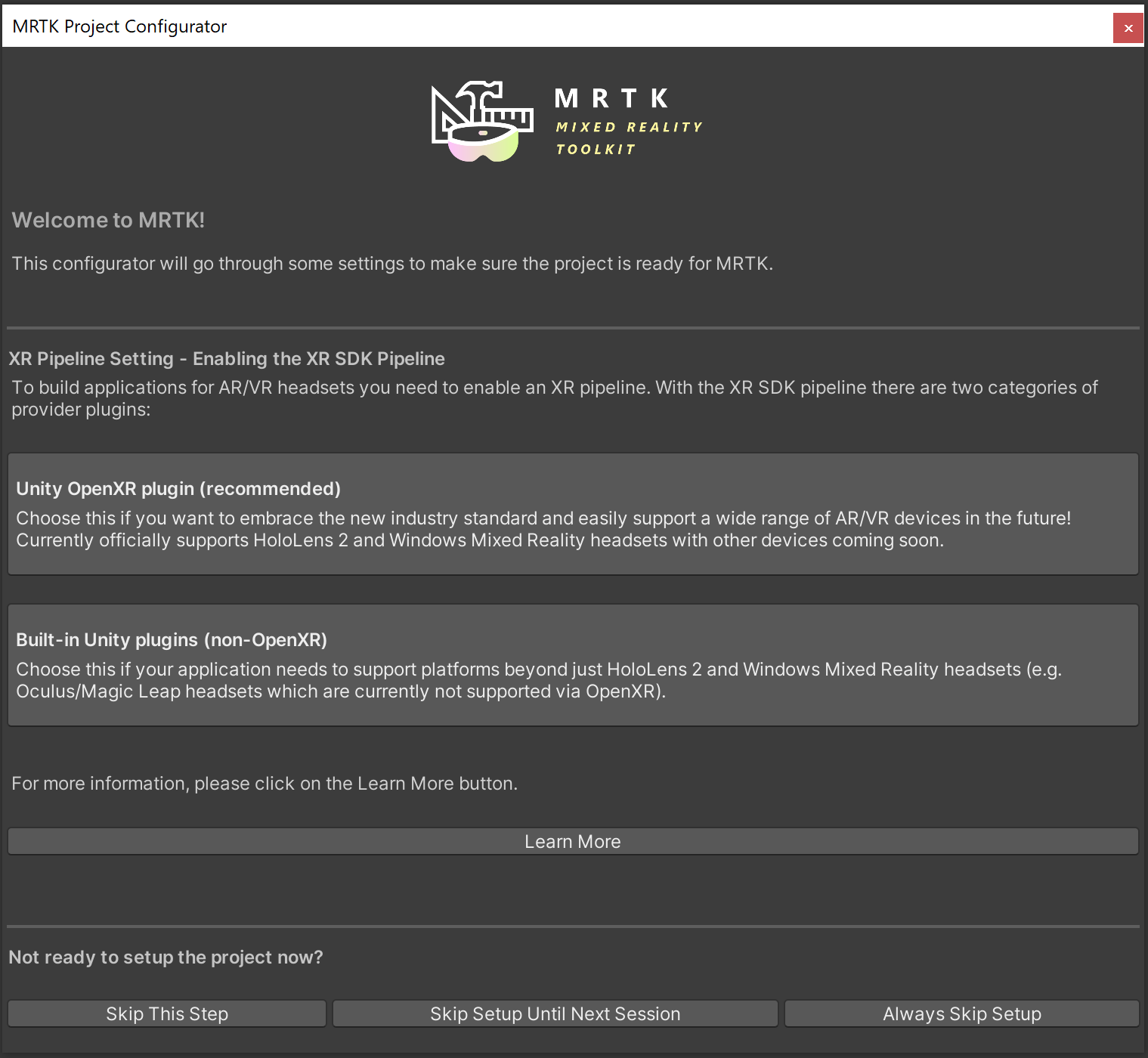 Configurateur montrant la liste des pipelines