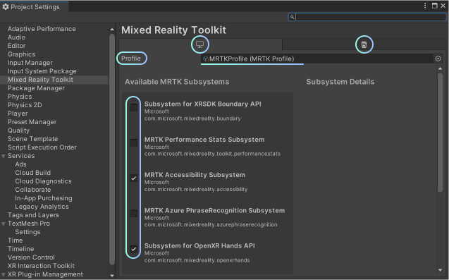 Profils de sous-système, comme indiqué dans l’affichage des paramètres du projet MRTK.