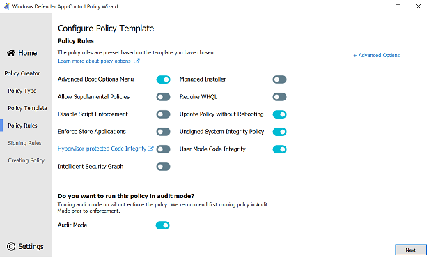 Interface utilisateur des options de règle pour la stratégie windows en mode autorisé.