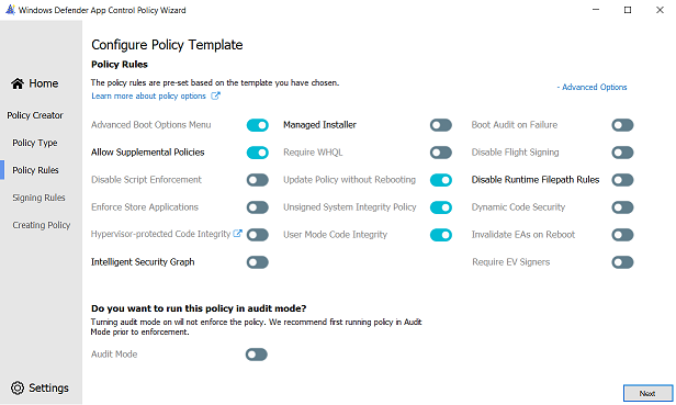 Interface utilisateur des options de règle pour Windows Mode autorisé.