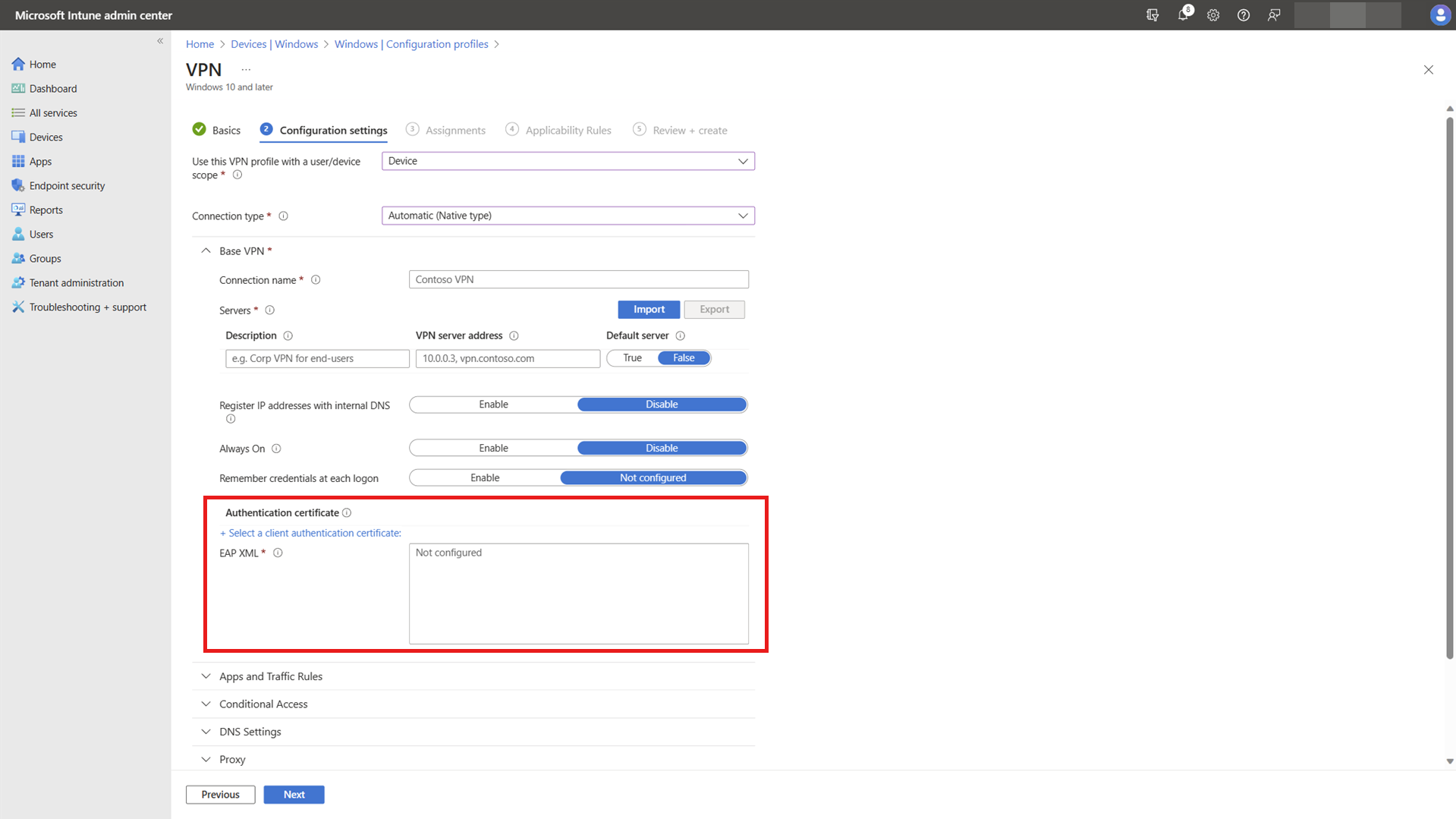 Capture d’écran montrant la configuration EAP XML dans Intune profil.