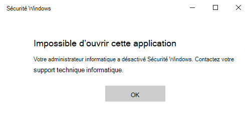 Capture d’écran de la sécurité Windows avec toutes les sections masquées par la stratégie de groupe.