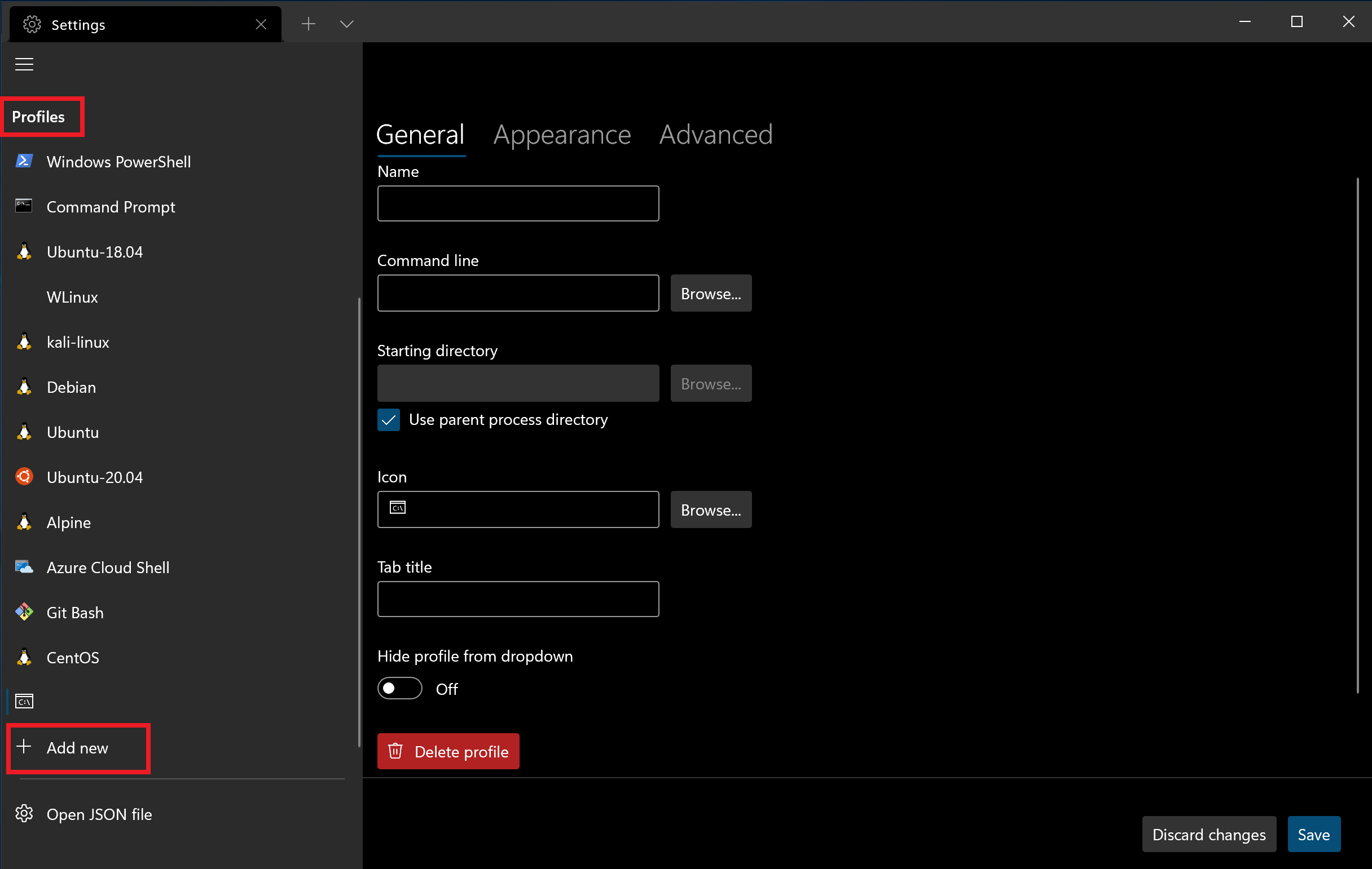 Capture d’écran de la liste des profils dans les Paramètres du Terminal Windows