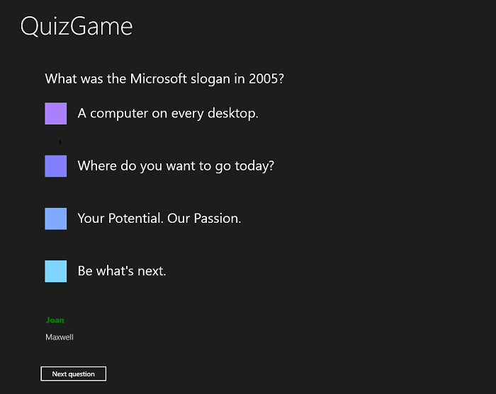 l’application hôte quizgame s’exécutant sur windows