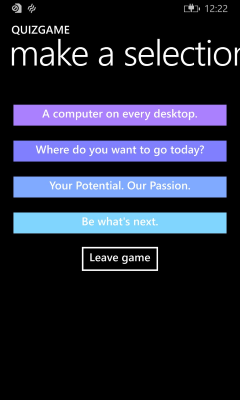 l’application cliente quizgame s’exécutant sur windows phone