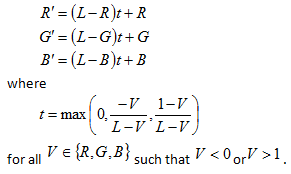 formule mathématique décrivant les corrections requises pour les instances hors gamme de couleurs.