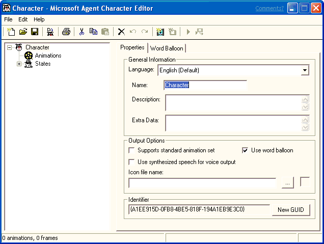 Capture d’écran montrant la page « Propriétés » de « Character - Microsoft Agent Character Editor ».