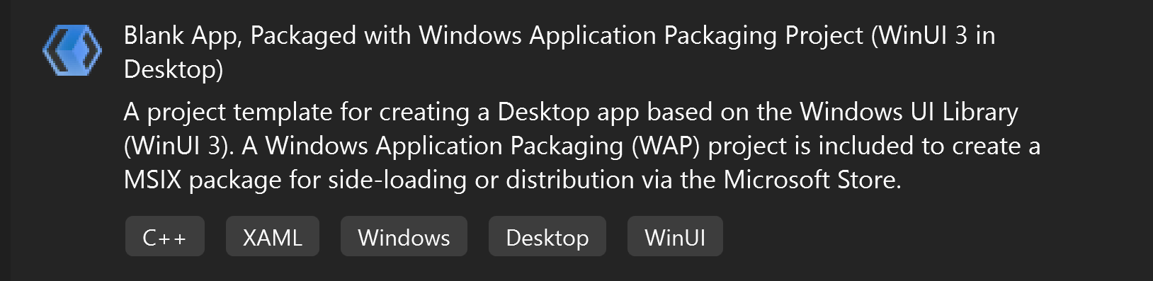 Capture d’écran montrant un modèle pour une application vide avec un projet d’empaquetage Windows dans Visual Studio