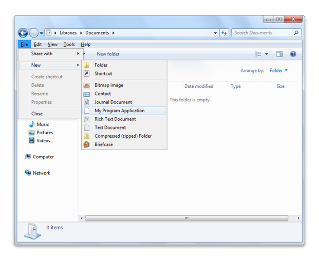 Capture d’écran de l’Explorateur Windows montrant une nouvelle commande « myprogram application » sur le sous-menu « new »