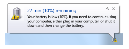 capture d’écran de bulle de notification indiquant que la batterie est faible