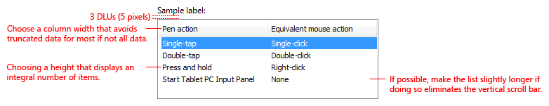 Capture d’écran du dimensionnement et espacement des listes 