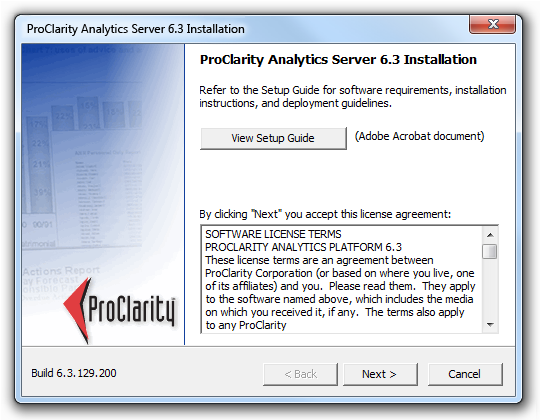 capture d’écran de la première page de configuration proclarity 