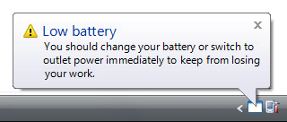 capture d’écran d’une notification d’avertissement à batterie basse 