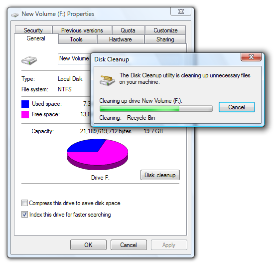 Capture d’écran de la fenêtre propriétaire et nettoyage du disque 