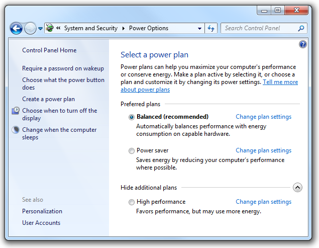 capture d’écran de la page hub Power Options 