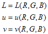 Affiche les équations de la carte de R G B à L U V.