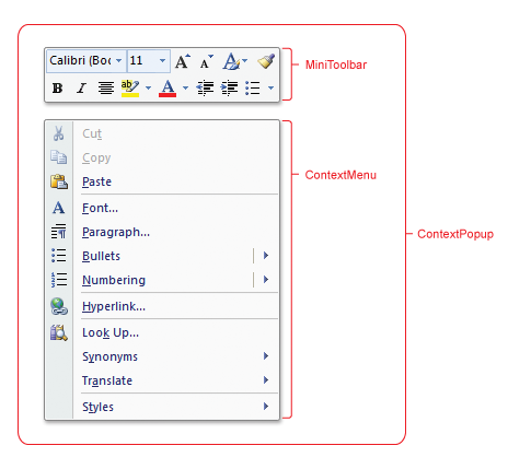 capture d’écran avec des légendes montrant les composants contextuels de l’interface utilisateur du ruban.