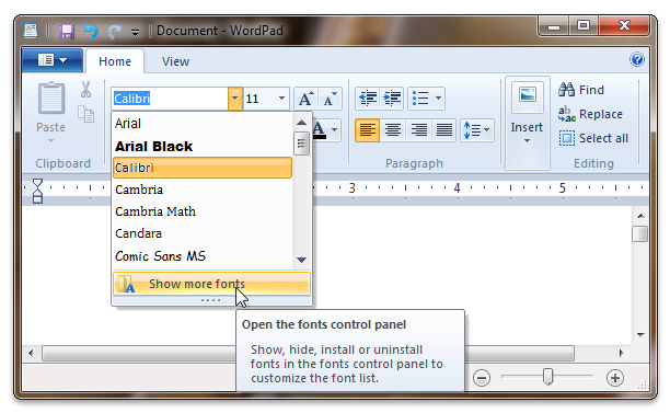 capture d’écran de la liste de familles de polices dans le bloc-notes pour windows 7.