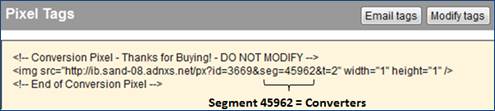 Screenshot that defines the pixel tag that records conversion events as well as add the converting user to segment ID 45962.