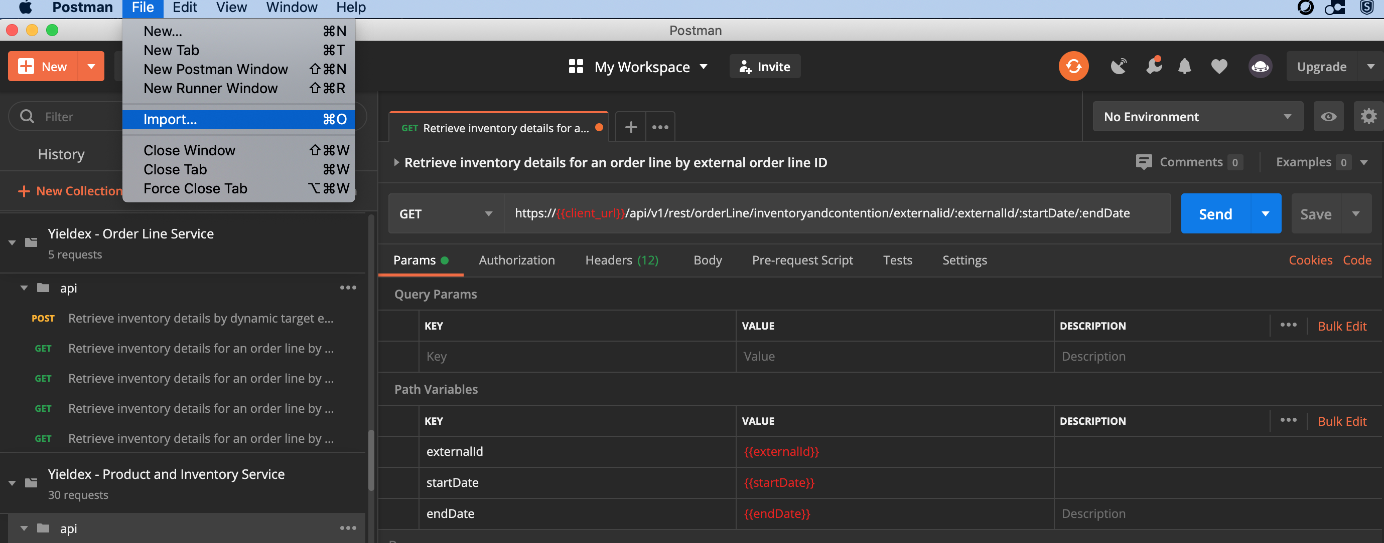 A screenshot that shows how to navigate to the Import option in Postman.