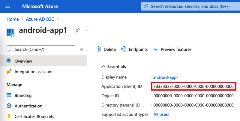 Screenshot che evidenzia l'ID dell'applicazione per dispositivi mobili.