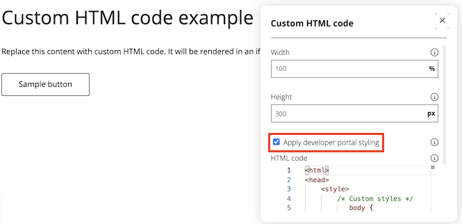 Screenshot che mostra come configurare codice personalizzato HTML nel portale per sviluppatori.