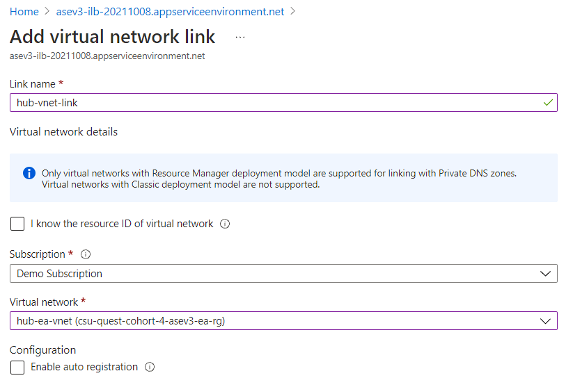 Screenshot dei dettagli del nome del collegamento di input all'impostazione dei collegamenti di rete virtuale nella zona DNS privata.