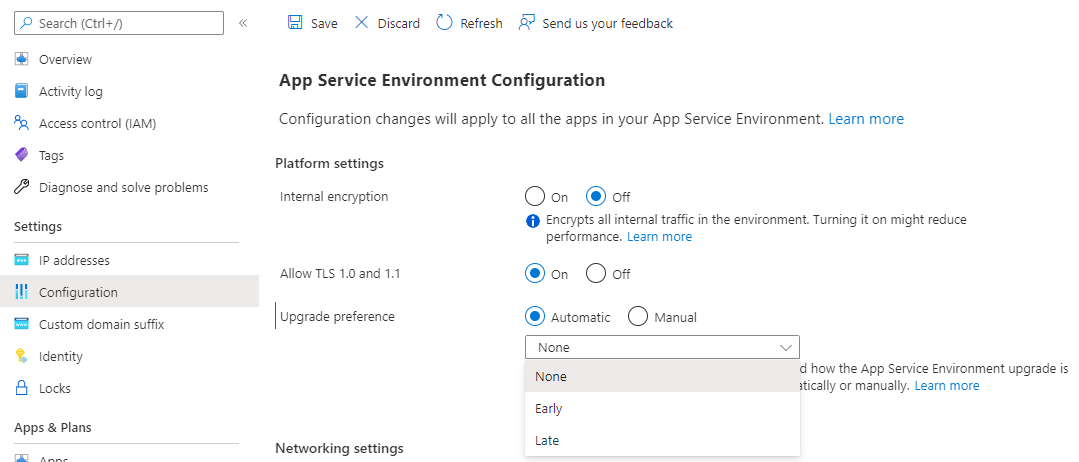 Screenshot di un riquadro di configurazione per selezionare e aggiornare la preferenza di aggiornamento per l'ambiente del servizio app.