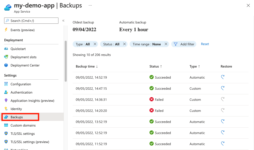 Screenshot che mostra come aprire la pagina dei backup.