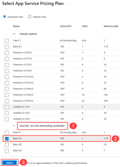 Screenshot che illustra come selezionare il piano del Servizio app Basic nel portale di Azure.