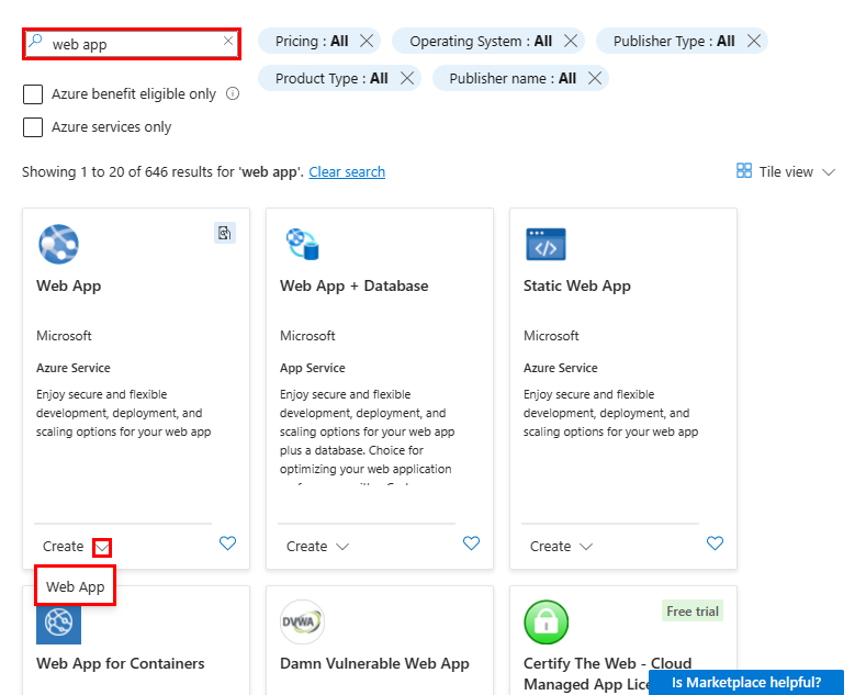 Screenshot che mostra la pagina di Azure Marketplace con l'app Web in cui viene eseguita la ricerca e la creazione di pulsanti dell'app Web su cui si fa clic.