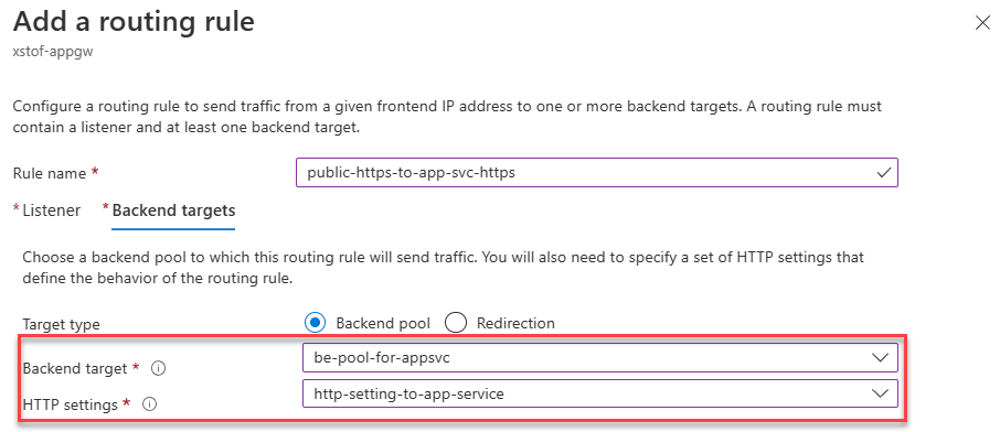 Aggiungere una nuova regola di routing dal listener al pool back-end servizio app usando le impostazioni T T P configurate