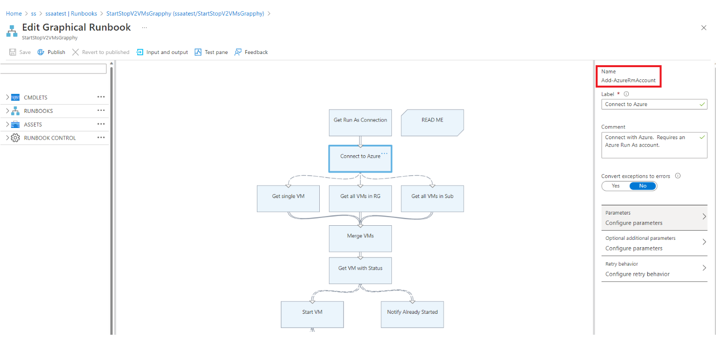 Screenshot che illustra il controllo se un runbook grafico usa un account RunAs.