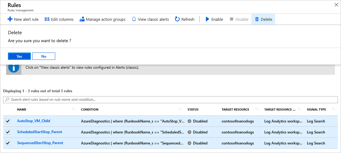 Screenshot della pagina delle regole con richiesta di conferma dell'eliminazione per le regole selezionate