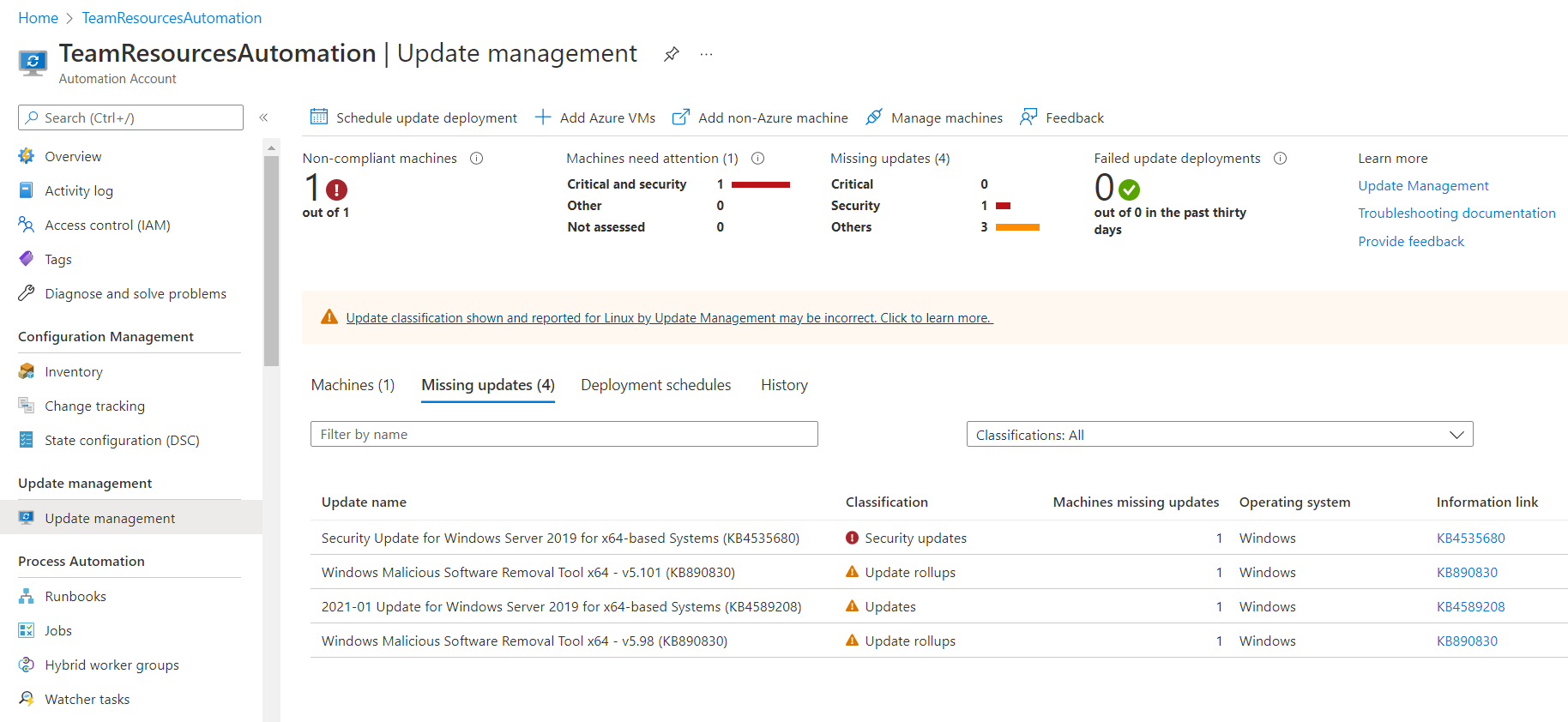 Screenshot della visualizzazione dello stato dell'aggiornamento dell'account di Automazione.