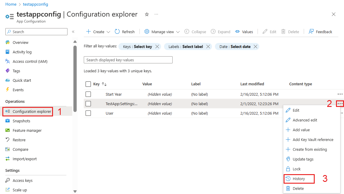 Screenshot della portale di Azure selezione della cronologia chiave-valore