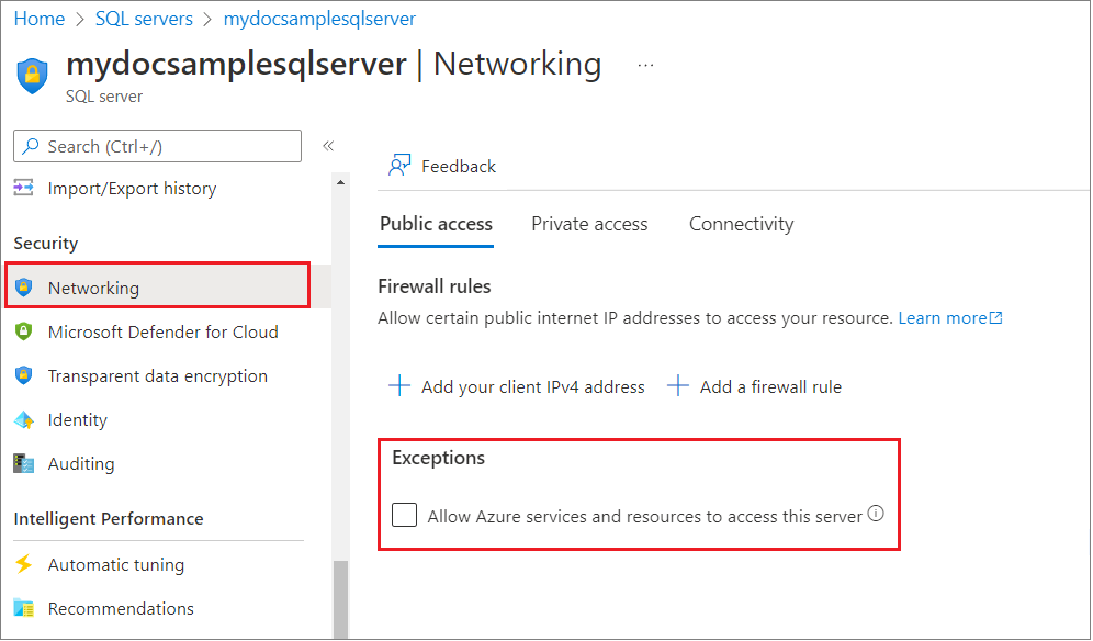 Screenshot del controllo delle impostazioni del firewall database SQL di Azure nel portale di Azure.