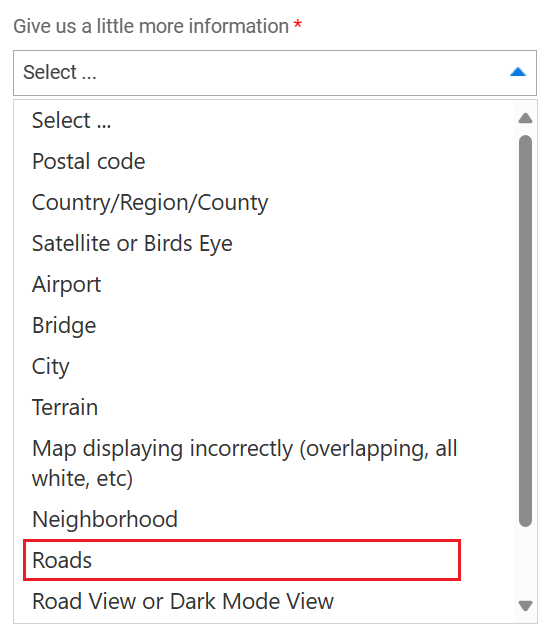Screenshot che mostra gli elementi nell'elenco a discesa Fornisci altre informazioni, con le strade evidenziate.