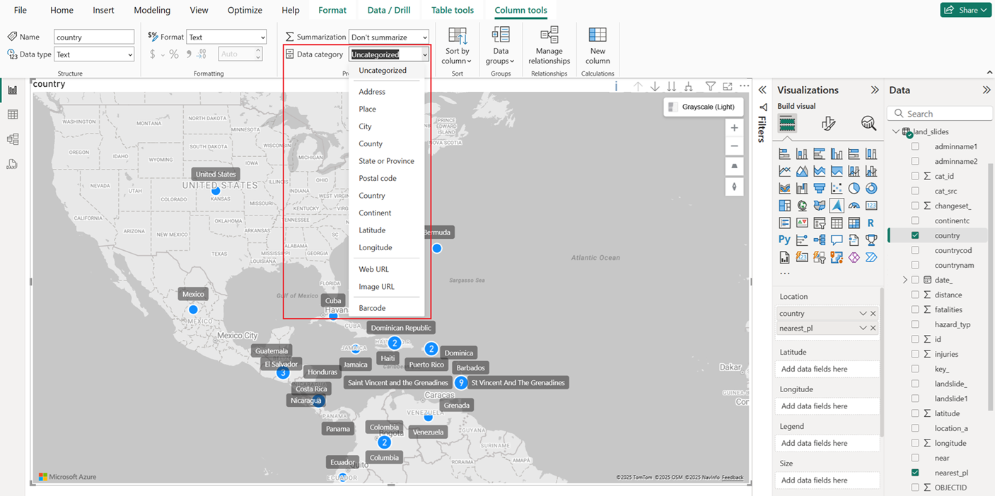 Screenshot che mostra l'elenco a discesa categoria di dati in Power BI Desktop.