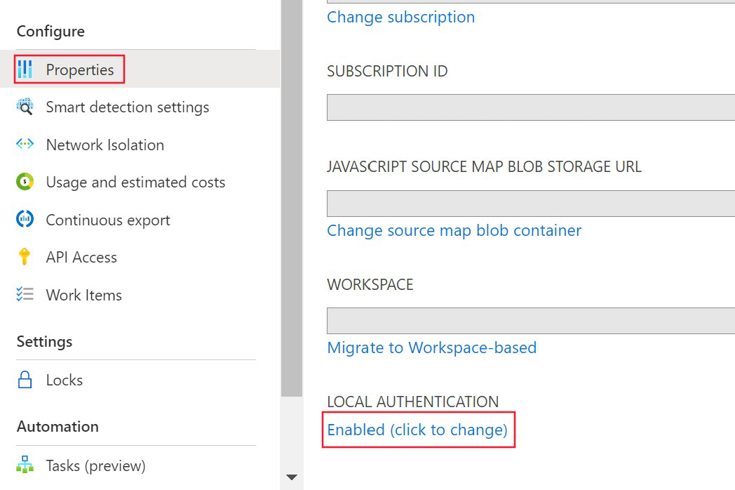 Screenshot che mostra le proprietà nella sezione Configura e il pulsante di autenticazione locale Abilitato (selezionare per modificare).