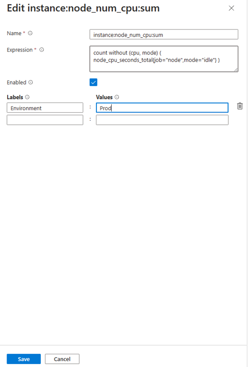 Screenshot che mostra la configurazione della regola di registrazione del gruppo di regole Prometheus.