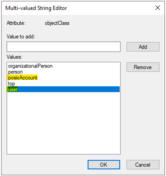 Screenshot dell'editor di stringhe multivalore che mostra più valori specificati per Object Class.